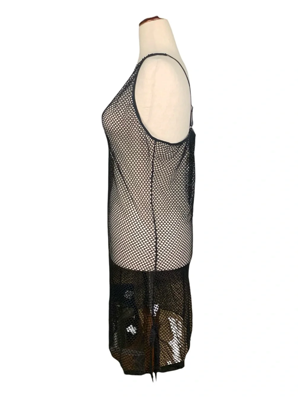Black Open‎ Knit Mesh Tank Dress Cover-up Midi Draw Strings Beach Size 2XL